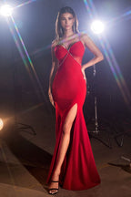 Form Fitting Gown With Rhinestone Detail And Sheer Cut Outs