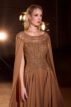 A-Line Evening Gown with a Bateau Neckline and a Beaded Bodice