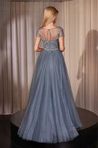 Dusty Blue Embroidered Tulle A-Line Evening Gown with Sheer Sleeves-1