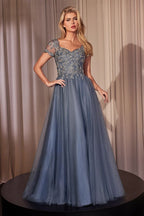 Dusty Blue Embroidered Tulle A-Line Evening Gown with Sheer Sleeves-0