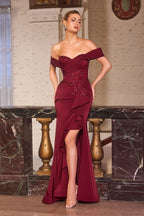 Fitted Gown Off-The-Shoulder Neckline and Sculpted Beaded Bodice