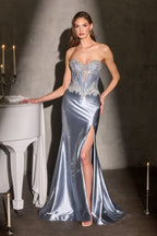 Strapless Fitted Dress Beaded Corset Bodice Satin Skirt Slit Detachable Tulle Overskirt