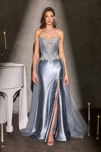 Strapless Fitted Dress Beaded Corset Bodice Satin Skirt Slit Detachable Tulle Overskirt