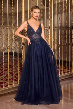 A-Line Dress Deep V-Neck Beaded Bodice Layered Tulle Skirt Low Back