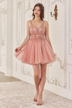 BEADED A-LINE LAYERED TULLE SHORT DRESS