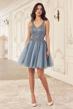BEADED A-LINE LAYERED TULLE SHORT DRESS