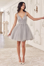 BEADED A-LINE LAYERED TULLE SHORT DRESS