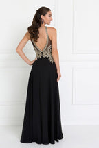Chiffon Deep V-Back A-Line Long Dress Accented with Embroidery