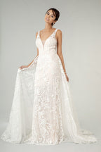 Illusion V-Neck Sheer Side and Back Mermaid Wedding Gown w/ Detachable Mesh Layer - Mask Not Included