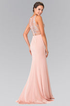 Mock Two-Piece Embroidered Prom Dress with Illusion Waistline