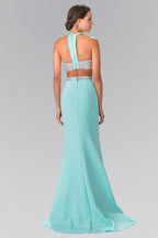 High Neck Two-Piece Jersey Long Dress Accented with a Beaded Band Waistline