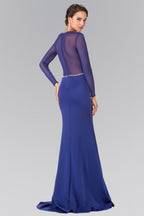 Sheer Long Sleeve Jersey Long Dress Accented with Beaded Details