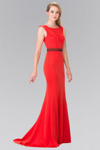 Beaded Waist Line Jersey Long Dress with Cut-Out Back