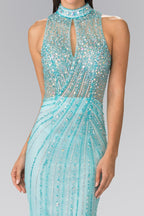 Full Beaded Halter Neck Illusion Top Dress with Open Back