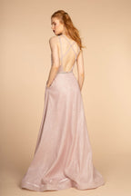 Glitter Crepe A-Line Long Dress w/ Strap Back