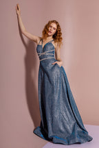 Glitter Crepe A-Line Long Dress w/ Strap Back
