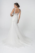 Embroidered Bodice V-Neck Mermaid Wedding Gown w/ Mesh Tail