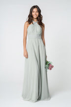 High-Neck Chiffon Ruched-Bodice A-Line Long Dress