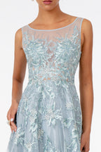 Embroidered Mesh A-Line Long Dress
