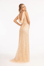 Embroidered Sequin Embellished Mesh Mermaid Dress w/ Chiffon Drape Cape