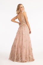 Feather-Shoulder Embellished Glitter A-line Dress w/ Sheer Open V-back
