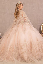 Jewel Mesh Quinceanera Gown w/ 3-D Butterfly Appliques and Long Mesh Cape