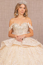 Jewel 3-D Butterfly Applique Off Shoulder Mesh Quinceanera Gown