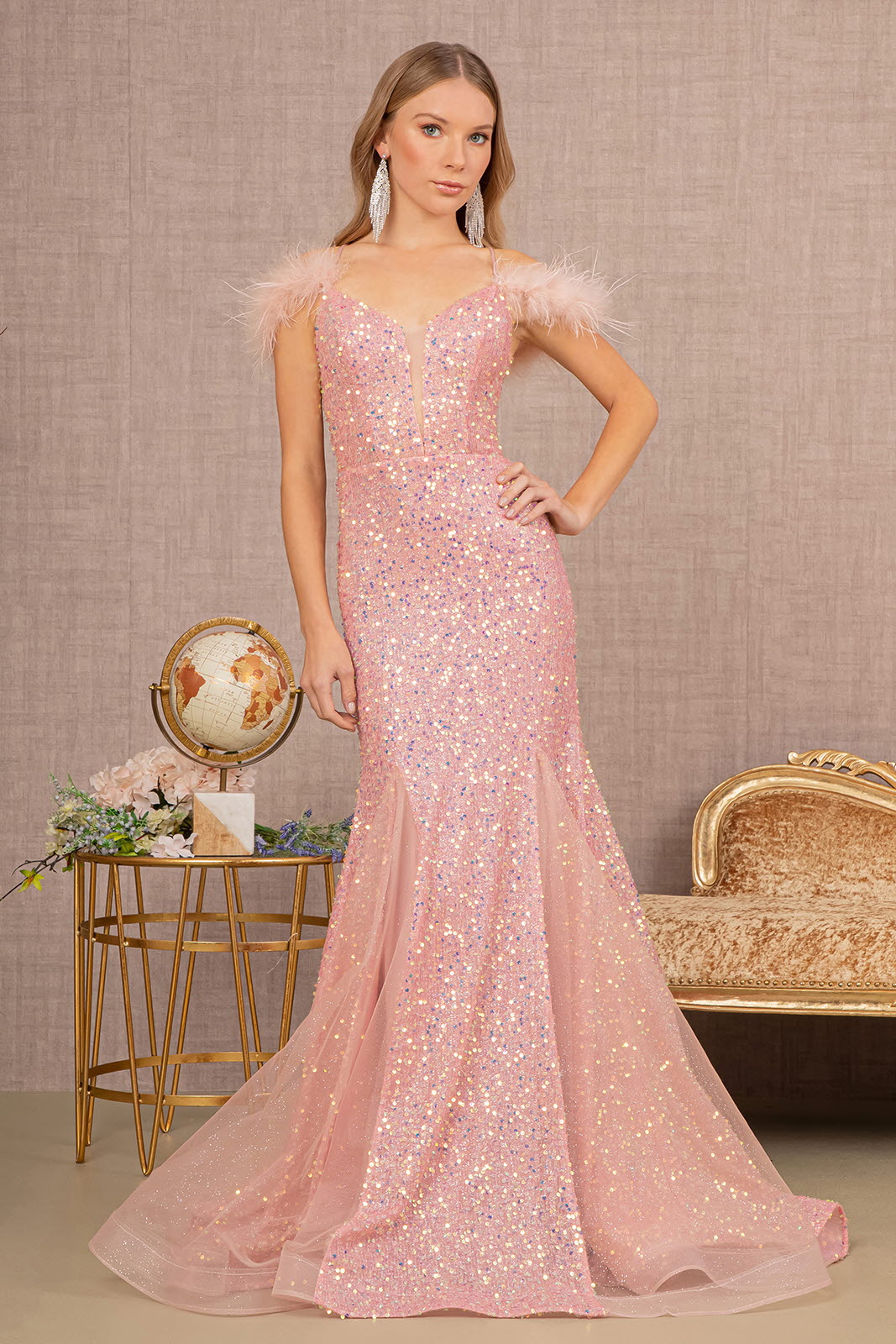 Dazzling Sequins Embellished Festive Gown w/ Feather & Open Lace Up Back