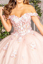 3-D Flower Applique Jewel Mesh Quinceanera Gown w/ Long Tail