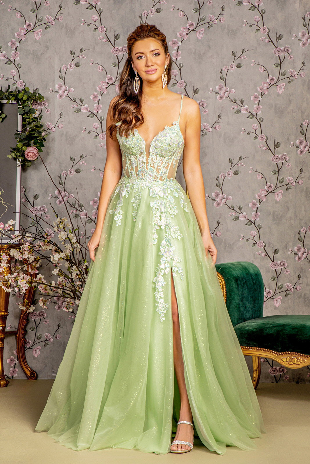 3D Butterfly Sheer Corset Bodice Mesh A-line Long Prom Dress