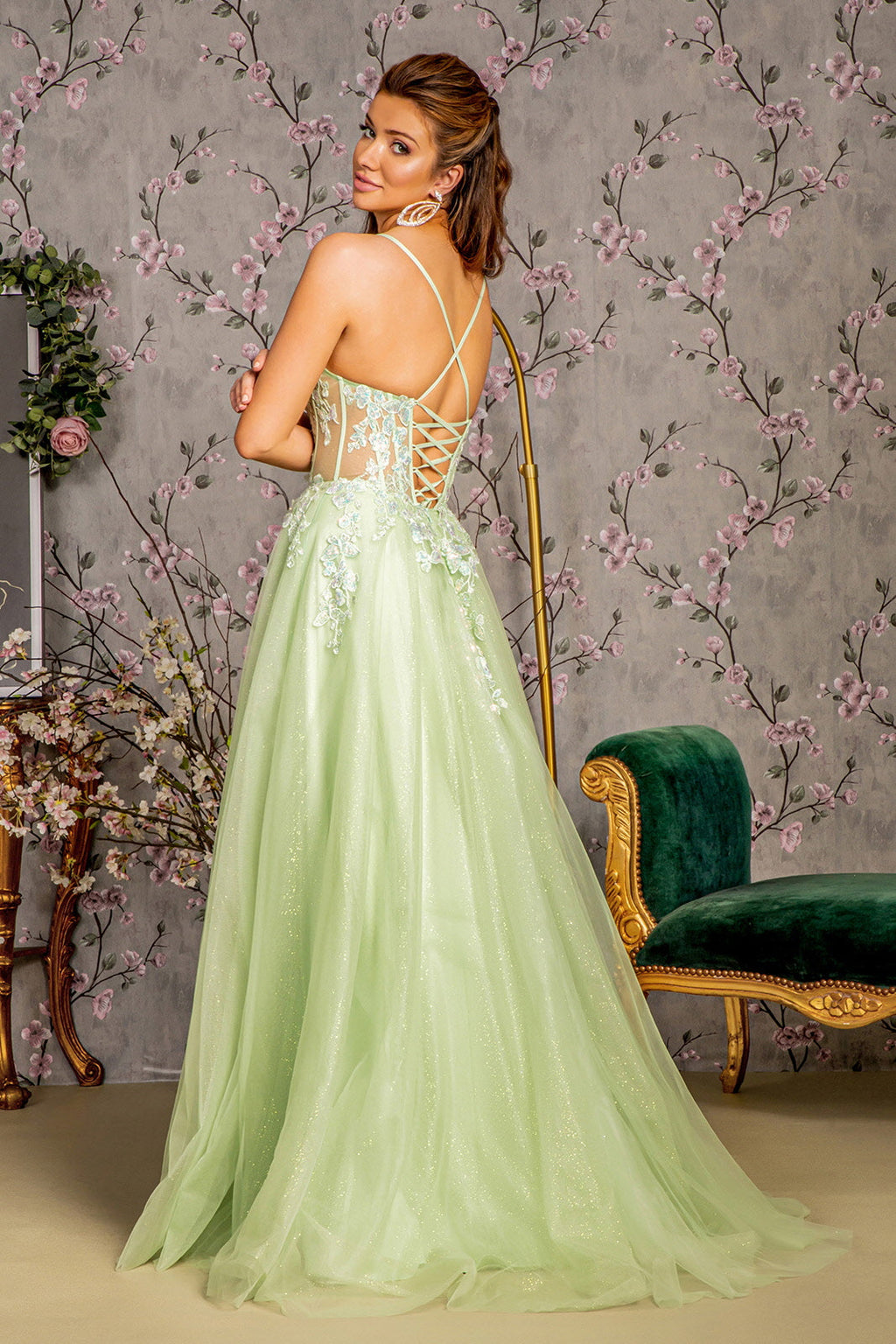 3D Butterfly Sheer Corset Bodice Mesh A-line Long Prom Dress