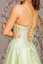 3D Butterfly Sheer Corset Bodice Mesh A-line Long Prom Dress