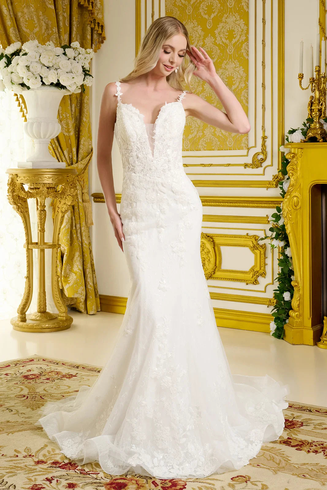 Form-Fitting Wedding Gown  Spaghetti Straps Illusion V-Neckline Bodice