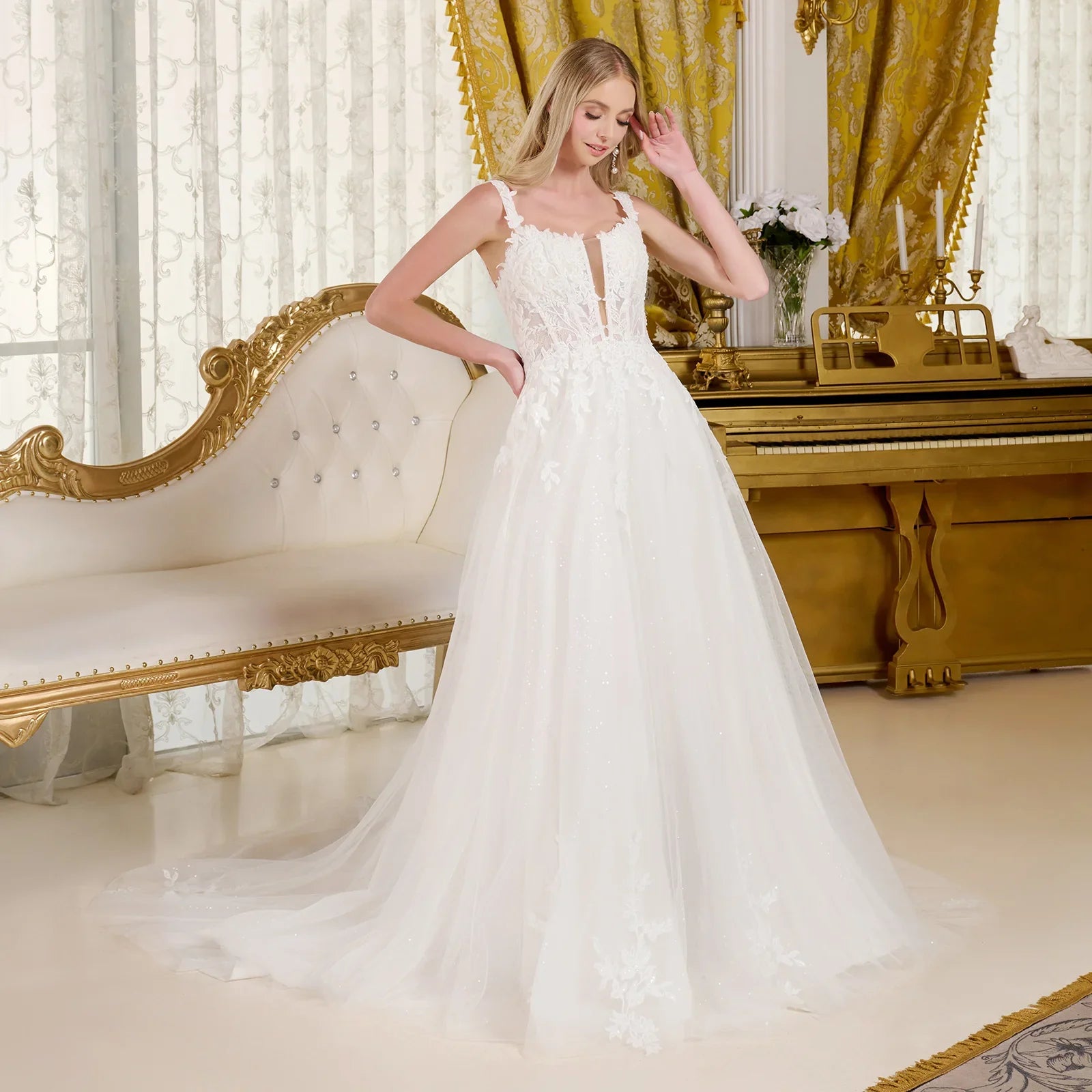 A-line wedding dress with V-neck and straps