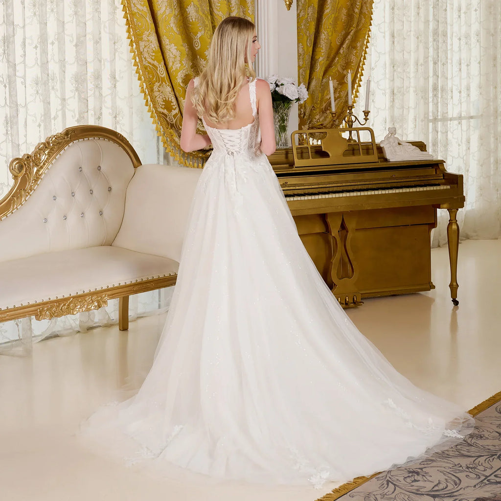 A-line wedding dress with V-neck and straps