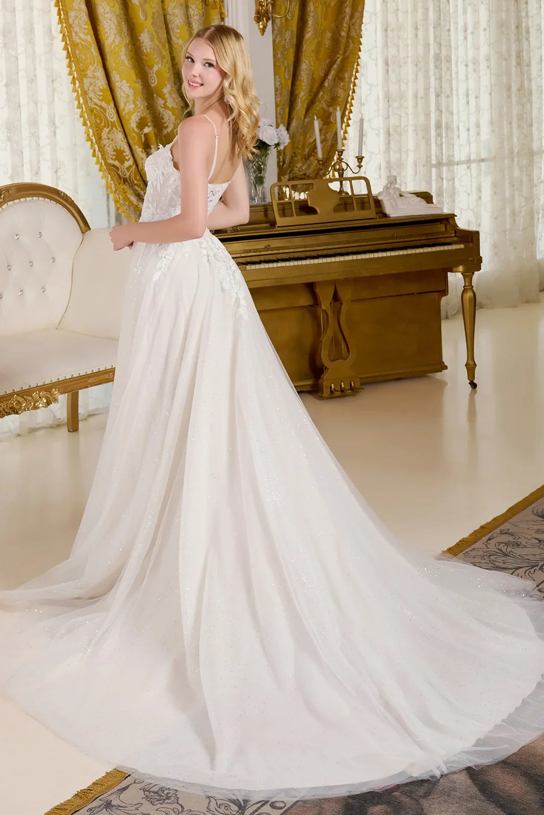 A-Line Wedding Dress Spaghetti Straps Bodice With A Boat Neckline-1