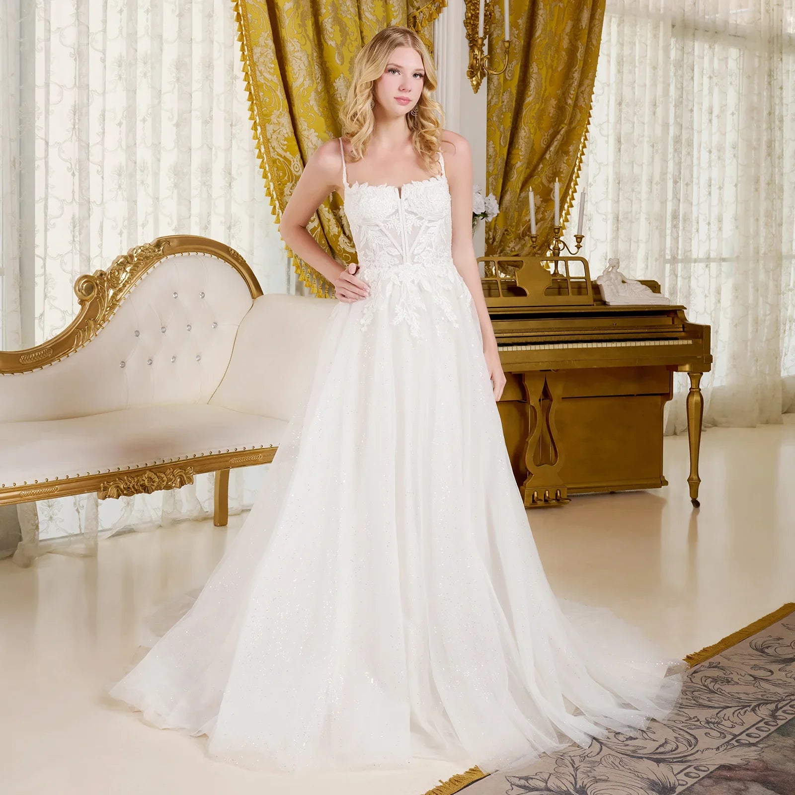A-Line Wedding Dress Spaghetti Straps Bodice With A Boat Neckline