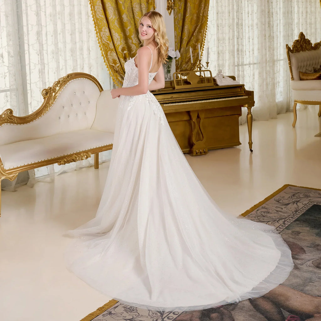 A-Line Wedding Dress Spaghetti Straps Bodice With A Boat Neckline-3
