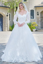 Wedding Dress With V-Neck And Corset Bodice With Long Transparent Sleeves