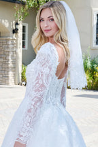 Wedding Dress With V-Neck And Corset Bodice With Long Transparent Sleeves