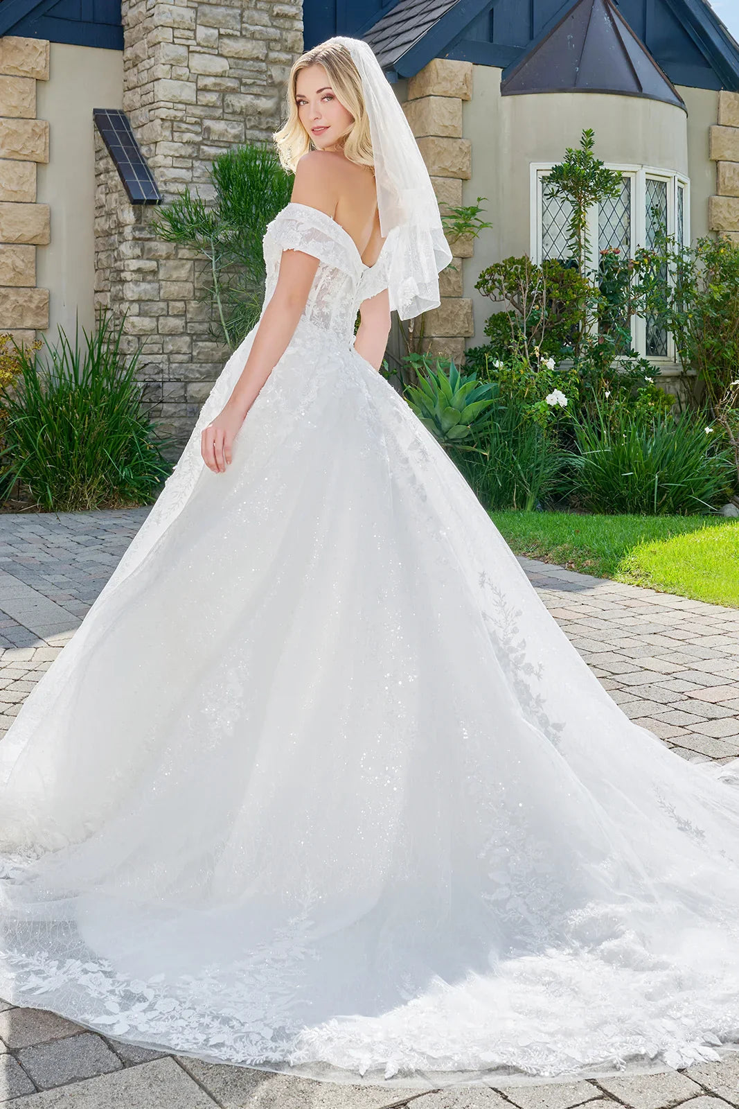 Wedding Dress With Embroidery, Sequins And Beads, A Glitter Underlayer And Off-The-Shoulder Straps