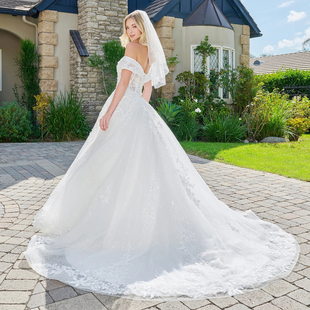 Wedding Dress With Embroidery, Sequins And Beads, A Glitter Underlayer And Off-The-Shoulder Straps