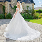 Wedding Dress With Embroidery, Sequins And Beads, A Glitter Underlayer And Off-The-Shoulder Straps