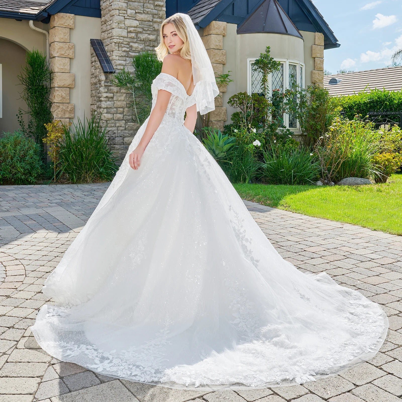 Wedding Dress With Embroidery, Sequins And Beads, A Glitter Underlayer And Off-The-Shoulder Straps