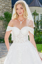Wedding Dress With Embroidery, Sequins And Beads, A Glitter Underlayer And Off-The-Shoulder Straps