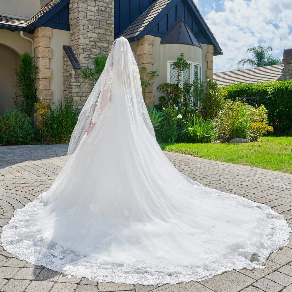 Wedding Dress Made Of Transparent Mesh, With Long Sleeves, A Round Neckline, And A Corset-Style Bodice.
