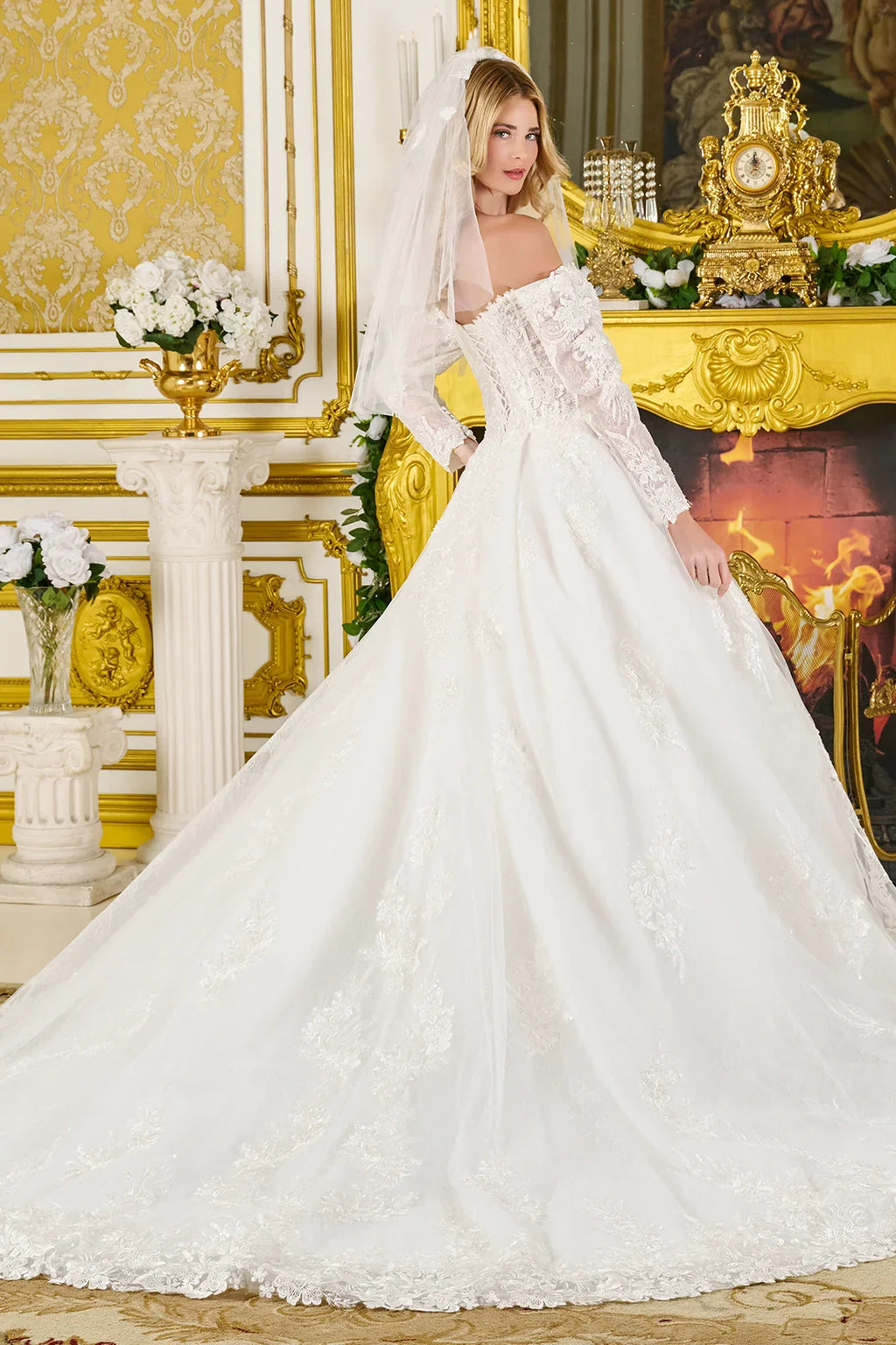 Wedding Ball Gown Off-Shoulder 3/4 Sleeves,A Sweetheart Neckline Corset Bodice