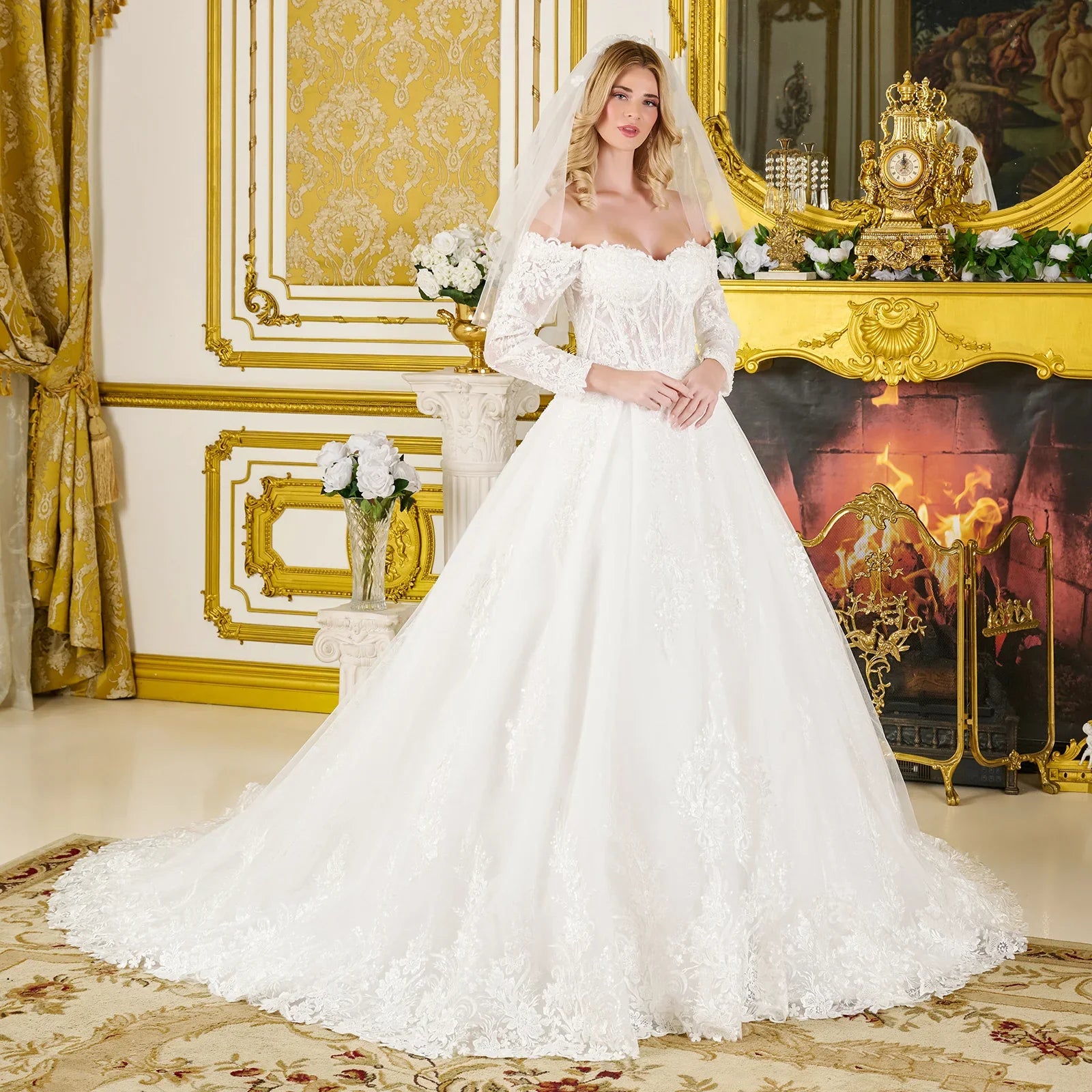 Wedding Ball Gown Off-Shoulder 3/4 Sleeves,A Sweetheart Neckline Corset Bodice