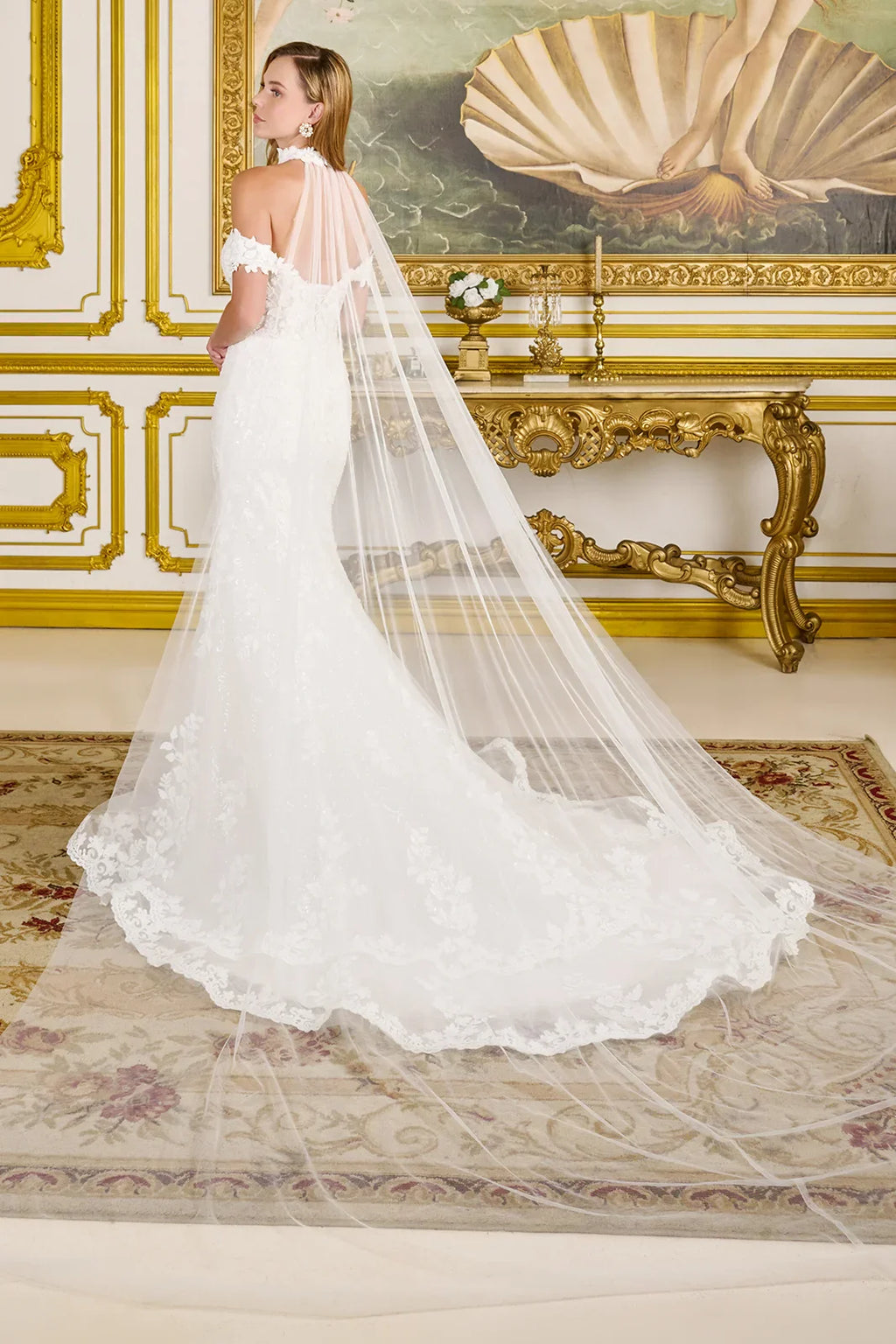 Fitted Wedding Dress With Off-The-Shoulder Design, Appliqués, Embroidery, Beads And Sequins With A Touch Of Sparkle