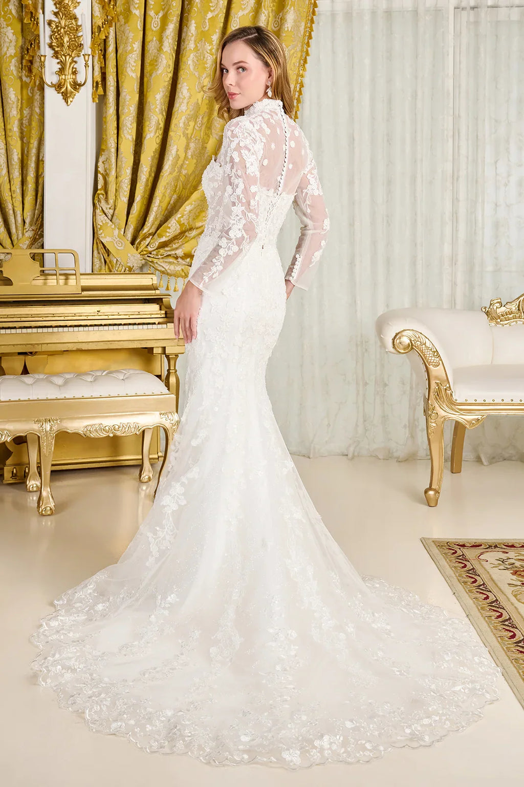 Wedding Dress With Trumpet Cut, Detachable Sheer High Neck Top And Long Sleeves